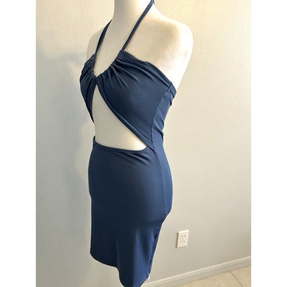 Women's Cutout Bodycon Dress Blue Ribbed Club Vacation Festival Fairy Retro MED - Picture 3 of 6